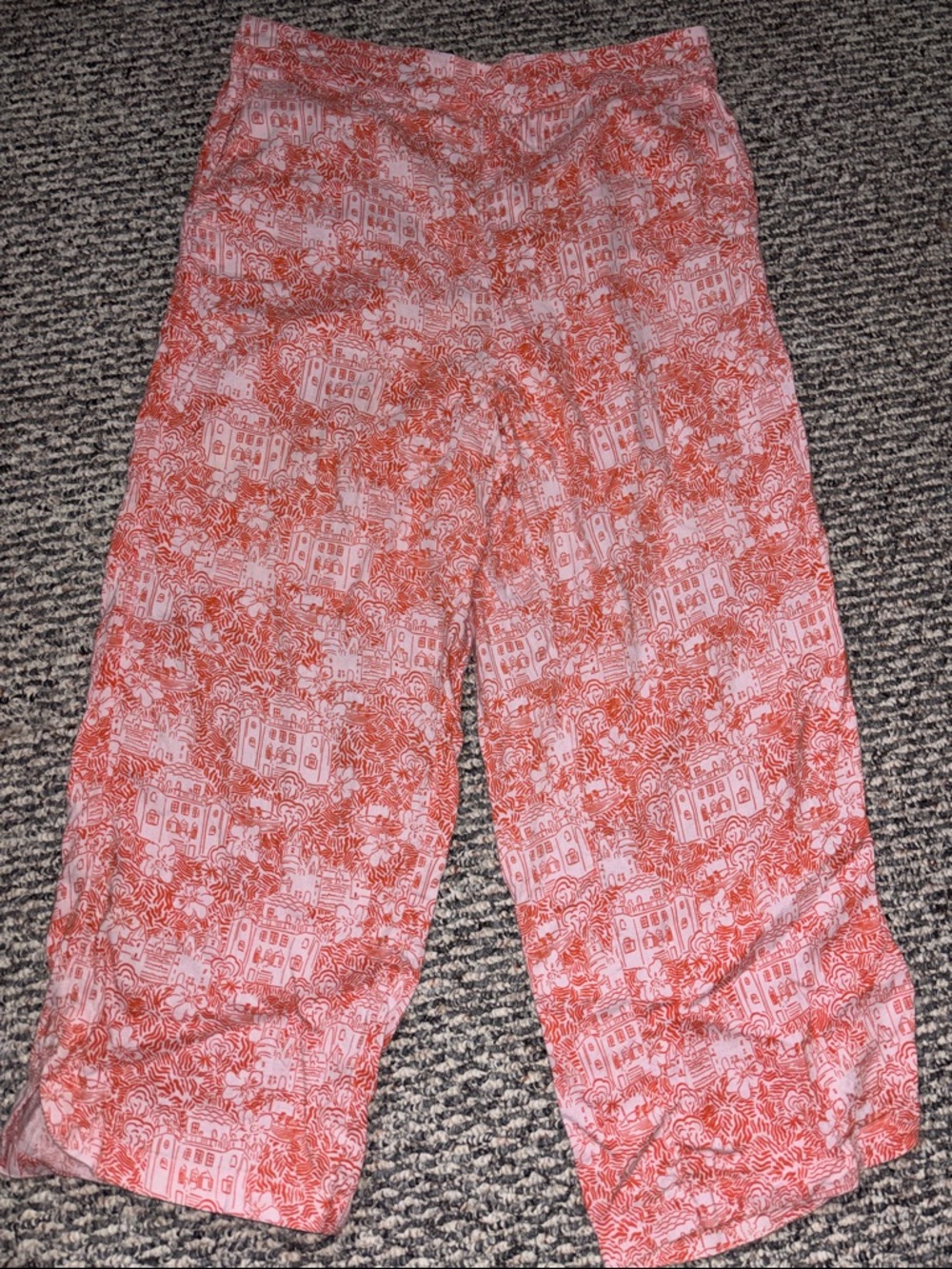 Linen Printed Coral Wide-Leg Pants